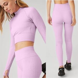 ALO Yoga Seamless Cable Knit Crop Top + Leggings 2 pc Set Sugarplum Pink